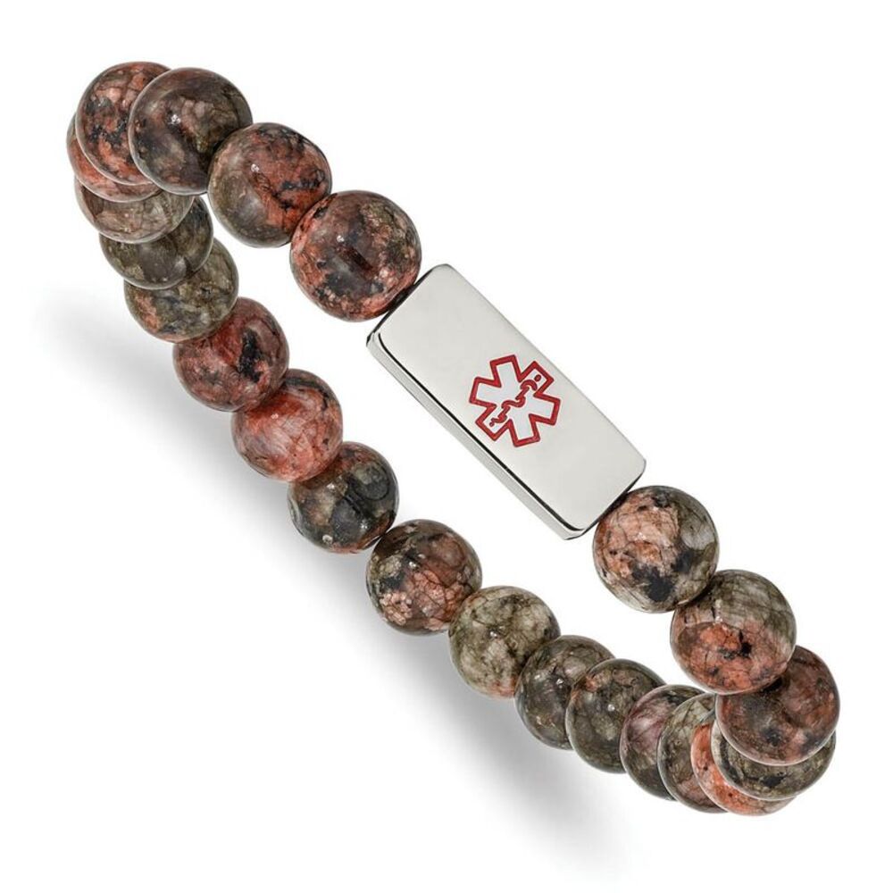 8.5mm Stainless Steel Poppy Jasper Bead Medical I.D. Stretch Bracelet